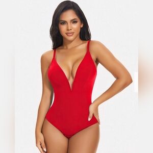 Shaperin Shapewear Bodysuit Deep V Neck Thong #806 NWOT